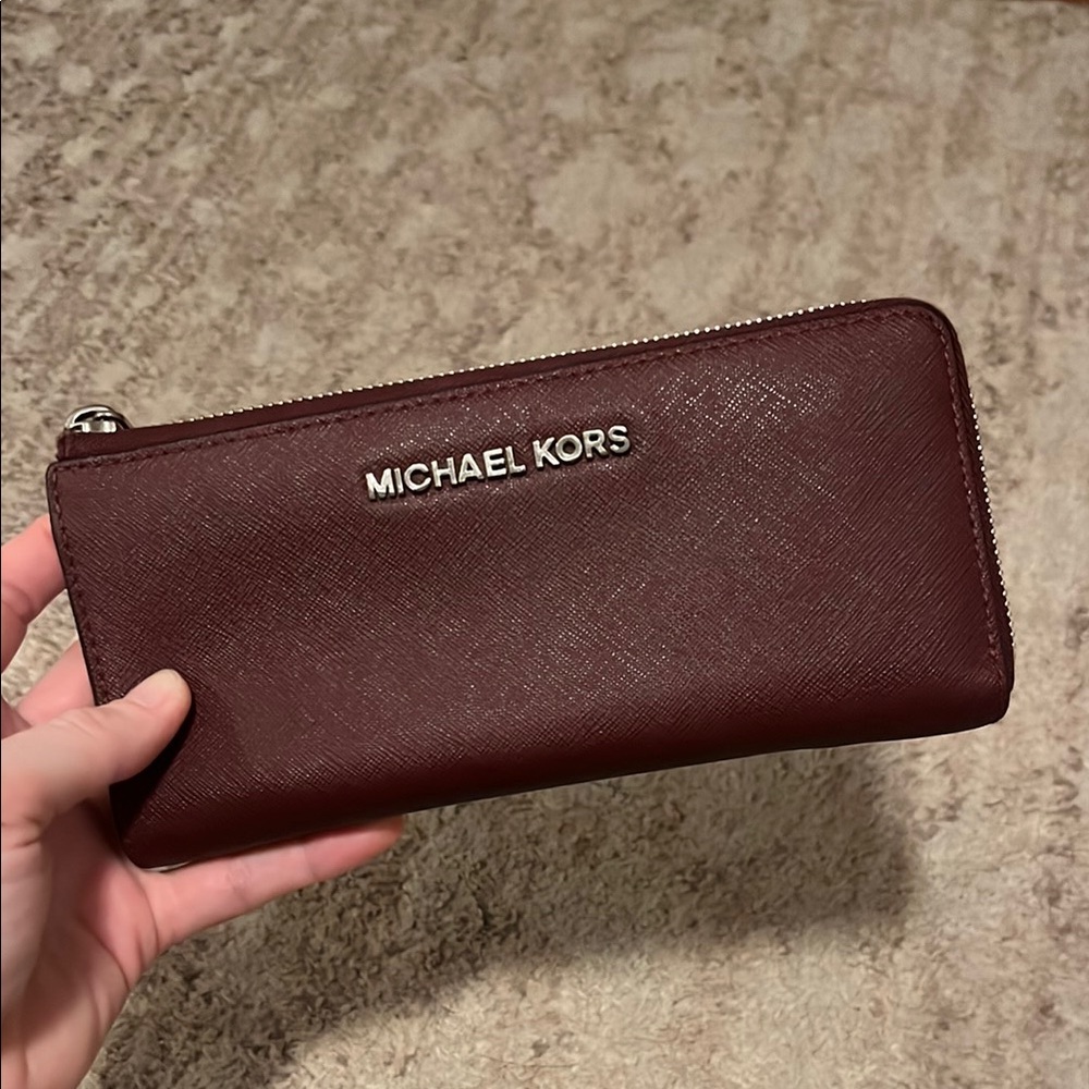 Michael Kors Jet Set Travel Large Saffiano Leather Quarter-Zip Wallet, Burgundy